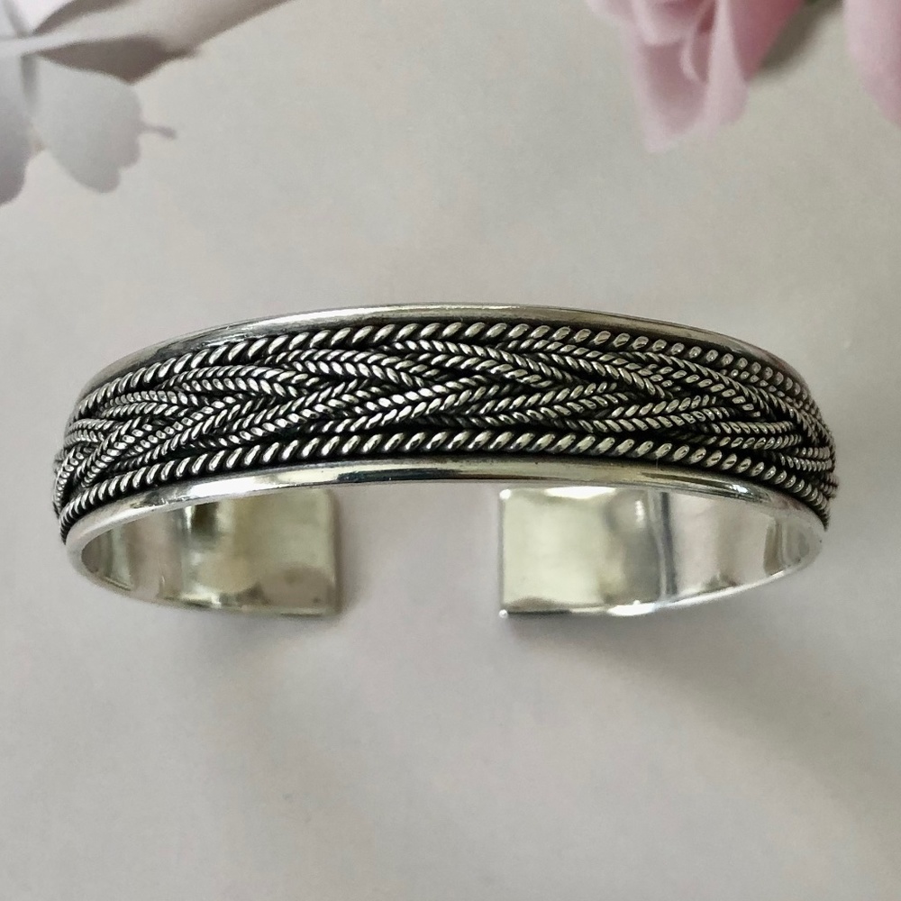 .925 Sterling Silver Braided Open-Cuff Bangle